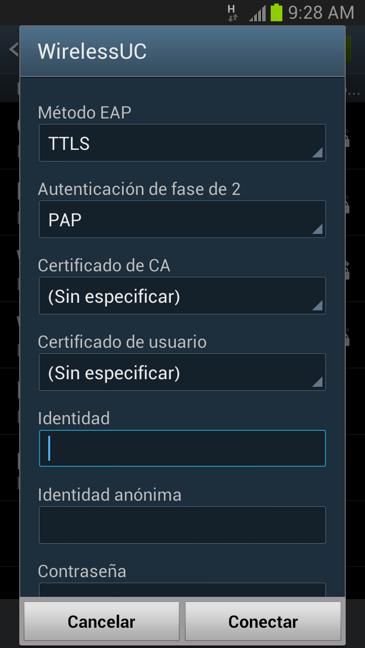 Pantalla de configuración WiFi para Android